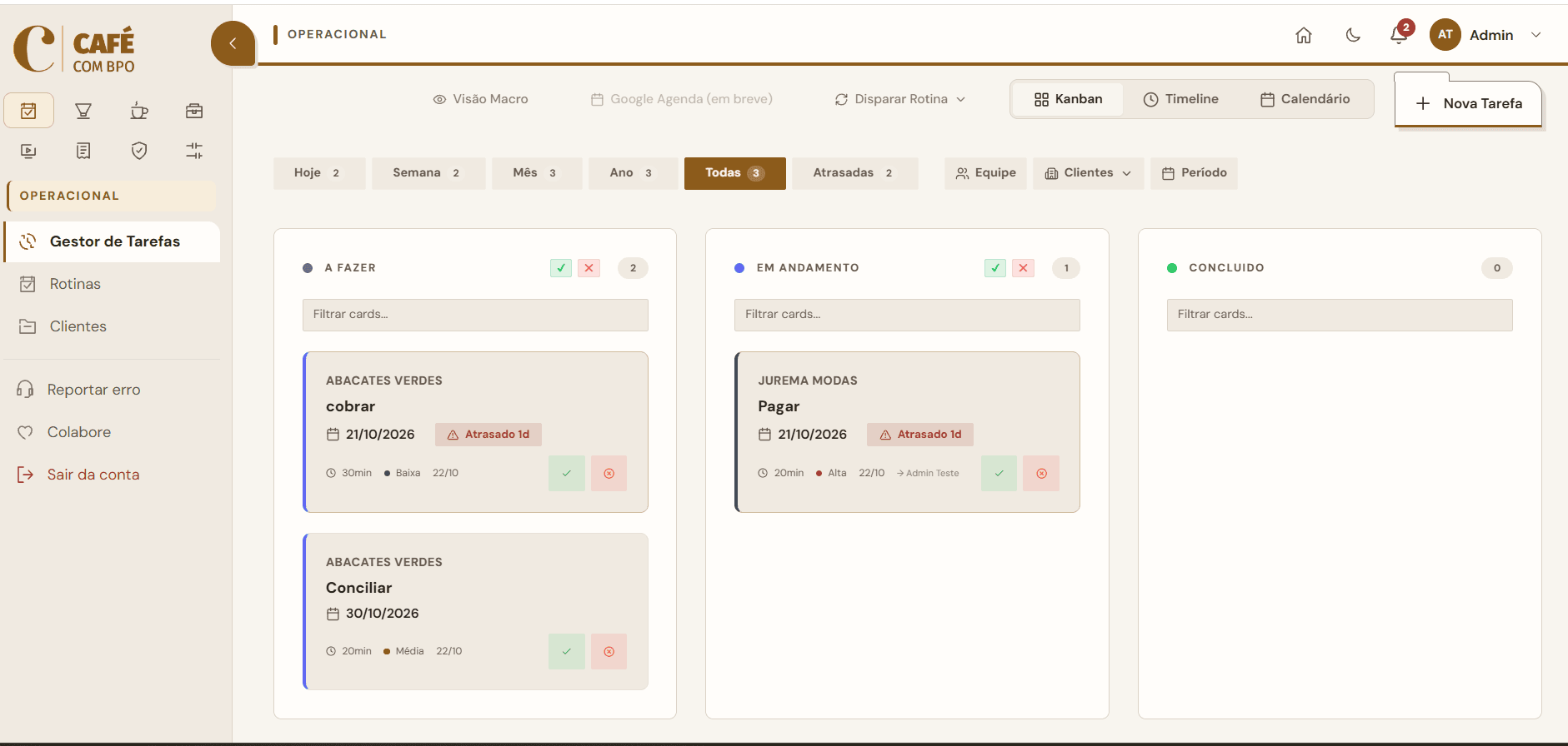 Gestor de tarefas da plataforma Café com BPO, em kanban