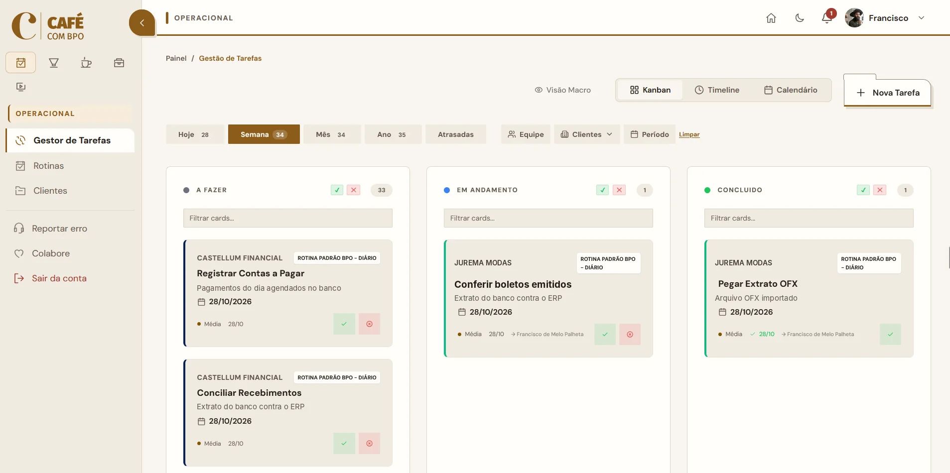 Gestor de Tarefas do Café em kanban: as tarefas da semana de cada cliente em A fazer, Em andamento e Concluído